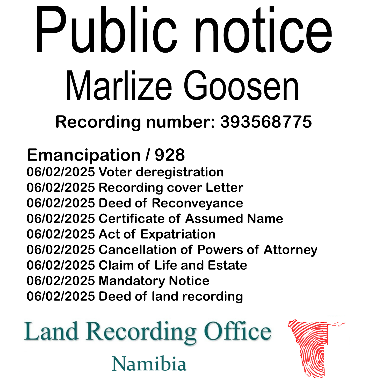 Public Notice Marlize Goosen (c) Recording number 393568775